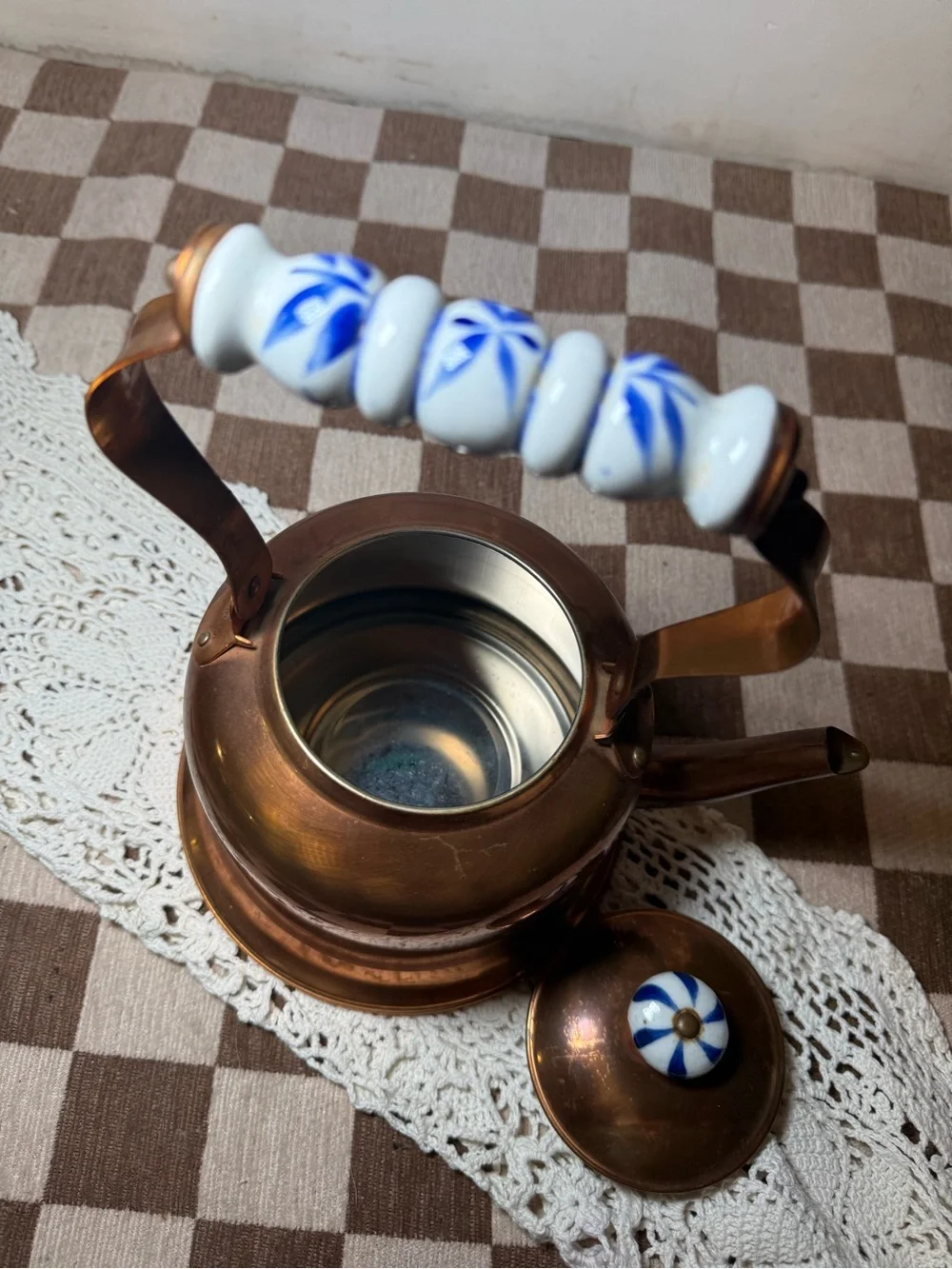 Vintage Cooper Tea Kettle Pot with Blue/White Handle
